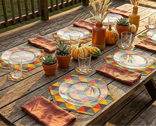 A long autumn dining table set for a crowd with hexagonal Autumn Geometry placemats, rust napkins, small pumpkins and wheat down the center