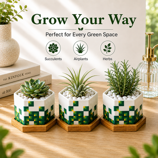 Pixeled Canopy hexagon ceramic succulent planters set of 3, white with green pixel canopy pattern