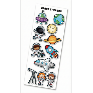outer space astronaut and rocket sticker sheet included with the Space Explorer kids water bottle