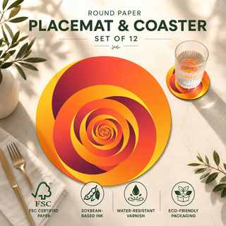 Golden Sunset round paper placemat and coaster set of 12, red orange and gold spiral swirl, FSC certified paper with soybean based ink and water resistant varnish