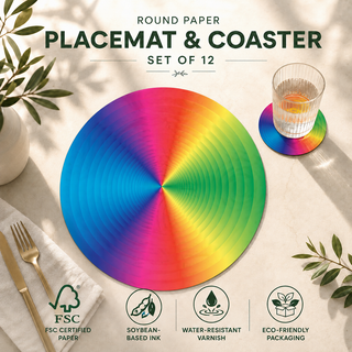 Radiant Disc round paper placemat and coaster set of 12, full rainbow radial color spectrum, FSC certified paper with soybean based ink and water resistant varnish
