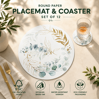 Featherlight round paper placemat and coaster set of 12, delicate gold sprigs and sage eucalyptus, FSC certified paper with soybean based ink and water resistant varnish