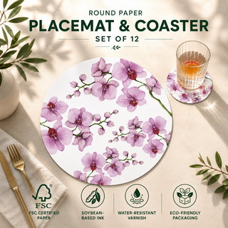Orchid Reverie round paper placemat and coaster set of 12, pink and purple watercolor orchids, FSC certified paper with soybean based ink and water resistant varnish