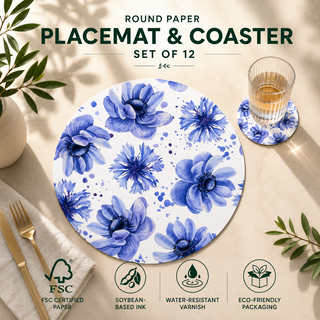 Floral Dreamscape round paper placemat and coaster set of 12, blue and violet watercolor cornflowers, FSC certified paper with soybean based ink and water resistant varnish