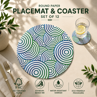 Modern Tropic round paper placemat and coaster set of 12, blue and green overlapping concentric circles, FSC certified paper with soybean based ink and water resistant varnish