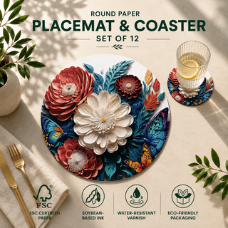 Enchanted Garden round paper placemat and coaster set of 12, sculpted red and white florals with teal foliage, FSC certified paper with soybean based ink and water resistant varnish