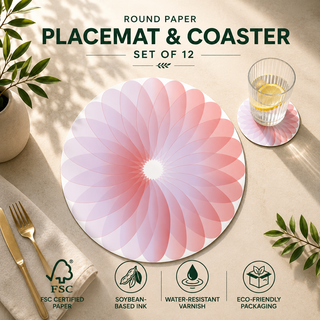 Petal Harmony round paper placemat and coaster set of 12, blush ombre radiating petals, FSC certified paper with soybean based ink and water resistant varnish