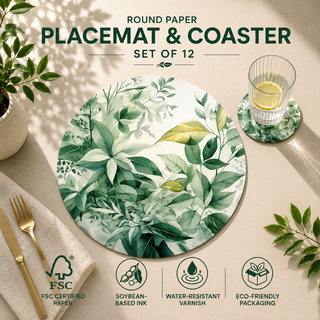 Tranquil Foliage round paper placemat and coaster set of 12, soft teal and green botanical swirl, FSC certified paper with soybean based ink and water resistant varnish
