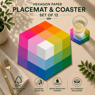 Optic Prism hexagonal paper placemat and coaster set of 12, rainbow faceted prism geometry, FSC certified paper with soybean based ink and water resistant varnish