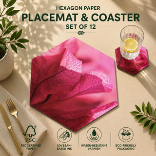 Pink Veins hexagonal paper placemat and coaster set of 12, magenta veined leaf macro, FSC certified paper with soybean based ink and water resistant varnish