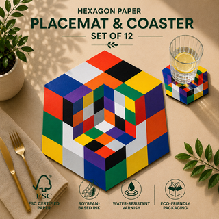 Cubist Blocks hexagonal paper placemat and coaster set of 12, colorful 3D cubist color blocks, FSC certified paper with soybean based ink and water resistant varnish