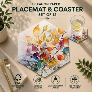 Painted Foliage hexagonal paper placemat and coaster set of 12, rainbow watercolor autumn leaves, FSC certified paper with soybean based ink and water resistant varnish
