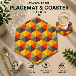 Autumn Geometry hexagonal paper placemat and coaster set of 12, autumn triangle mosaic in orange red and teal, FSC certified paper with soybean based ink and water resistant varnish