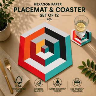 Hexa Illusion hexagonal paper placemat and coaster set of 12, 3D op art geometric arches in red teal and black, FSC certified paper with soybean based ink and water resistant varnish
