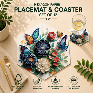 Botanic Dance hexagonal paper placemat and coaster set of 12, navy 3D florals and butterflies, FSC certified paper with soybean based ink and water resistant varnish