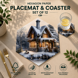 Winter Haven hexagonal paper placemat and coaster set of 12, snowy winter village landscape, FSC certified paper with soybean based ink and water resistant varnish