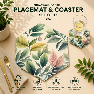 Pastel Foliage hexagonal paper placemat and coaster set of 12, soft pastel green and pink leaves, FSC certified paper with soybean based ink and water resistant varnish