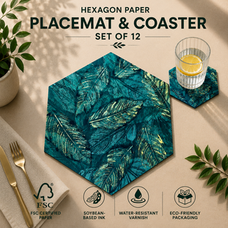 Forest Floor hexagonal paper placemat and coaster set of 12, teal tropical palm fronds, FSC certified paper with soybean based ink and water resistant varnish