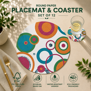 Concentric Pop round paper placemat and coaster set of 12, bold pop art concentric circles, FSC certified paper with soybean based ink and water resistant varnish