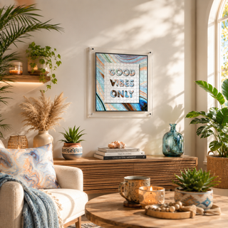 Good Vibes Only acrylic wall art puzzle designed by Sylvia Levy, Good Vibes Only typographic art