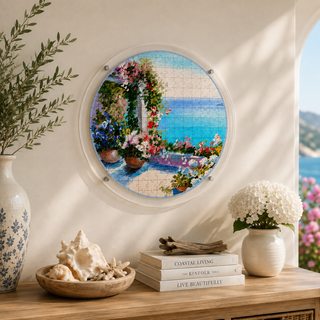 Mediterranean Balcony acrylic wall art puzzle designed by Sylvia Levy, Mediterranean seaside balcony with flowers