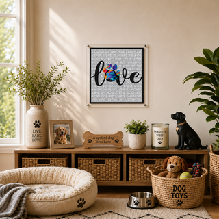 Paw & Love acrylic wall art puzzle designed by Sylvia Levy, love word art with a dog paw and watercolor