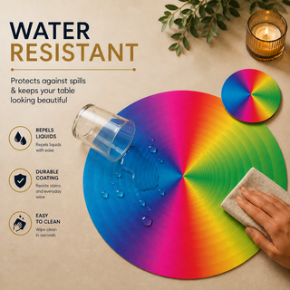 Radiant Disc round paper placemat, full rainbow radial color spectrum, water resistant surface with liquid beading as a hand wipes it clean, matching coaster alongside