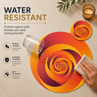Golden Sunset round paper placemat, red orange and gold spiral swirl, water resistant surface with liquid beading as a hand wipes it clean, matching coaster alongside