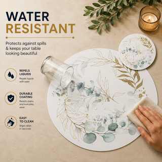 Featherlight round paper placemat, delicate gold sprigs and sage eucalyptus, water resistant surface with liquid beading as a hand wipes it clean, matching coaster alongside