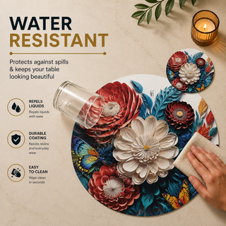 Enchanted Garden round paper placemat, sculpted red and white florals with teal foliage, water resistant surface with liquid beading as a hand wipes it clean, matching coaster alongside