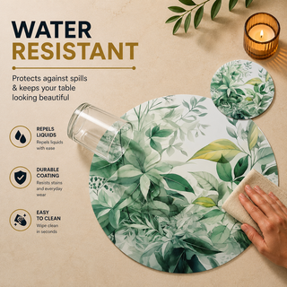 Tranquil Foliage round paper placemat, soft teal and green botanical swirl, water resistant surface with liquid beading as a hand wipes it clean, matching coaster alongside