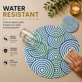 Modern Tropic round paper placemat, blue and green overlapping concentric circles, water resistant surface with liquid beading as a hand wipes it clean, matching coaster alongside