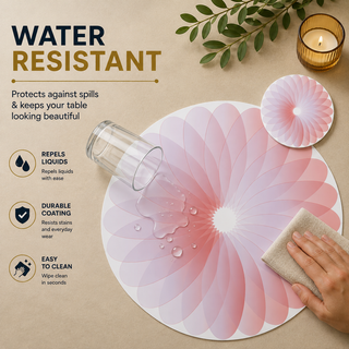 Petal Harmony round paper placemat, blush ombre radiating petals, water resistant surface with liquid beading as a hand wipes it clean, matching coaster alongside