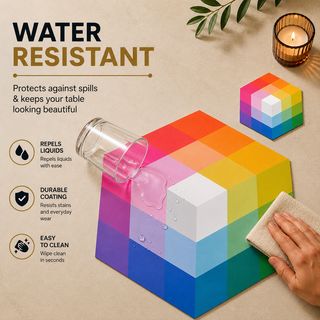 Optic Prism hexagonal paper placemat, rainbow faceted prism geometry, water resistant surface with liquid beading as a hand wipes it clean, matching coaster alongside