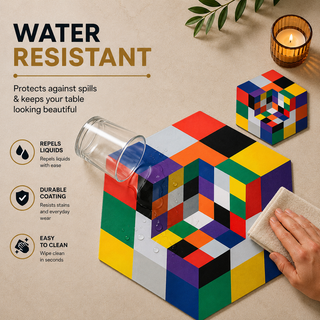 Cubist Blocks hexagonal paper placemat, colorful 3D cubist color blocks, water resistant surface with liquid beading as a hand wipes it clean, matching coaster alongside
