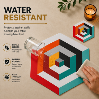 Hexa Illusion hexagonal paper placemat, 3D op art geometric arches in red teal and black, water resistant surface with liquid beading as a hand wipes it clean, matching coaster alongside