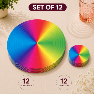 Radiant Disc round paper placemats and coasters set of 12, full rainbow radial color spectrum, twelve placemats stacked beside twelve matching coasters