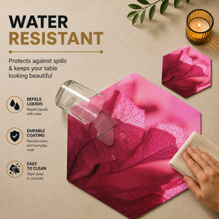 Pink Veins hexagonal paper placemat, magenta veined leaf macro, water resistant surface with liquid beading as a hand wipes it clean, matching coaster alongside