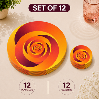 Golden Sunset round paper placemats and coasters set of 12, red orange and gold spiral swirl, twelve placemats stacked beside twelve matching coasters
