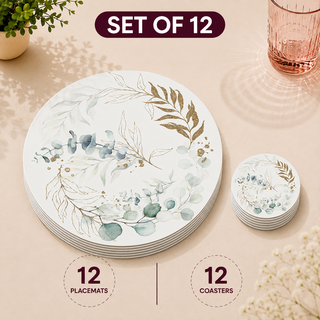 Featherlight round paper placemats and coasters set of 12, delicate gold sprigs and sage eucalyptus, twelve placemats stacked beside twelve matching coasters