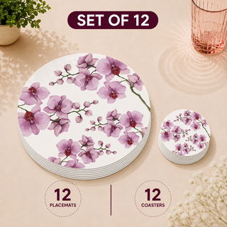 Orchid Reverie round paper placemats and coasters set of 12, pink and purple watercolor orchids, twelve placemats stacked beside twelve matching coasters