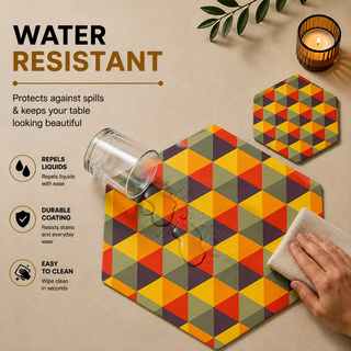 Autumn Geometry hexagonal paper placemat, autumn triangle mosaic in orange red and teal, water resistant surface with liquid beading as a hand wipes it clean, matching coaster alongside