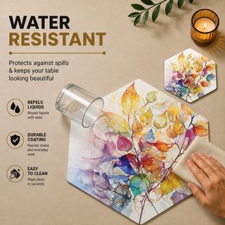 Painted Foliage hexagonal paper placemat, rainbow watercolor autumn leaves, water resistant surface with liquid beading as a hand wipes it clean, matching coaster alongside