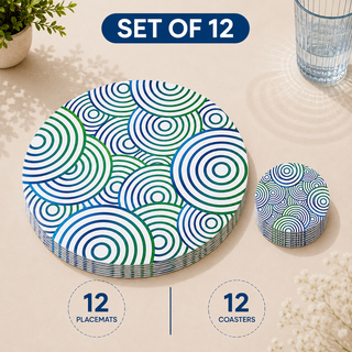 Modern Tropic round paper placemats and coasters set of 12, blue and green overlapping concentric circles, twelve placemats stacked beside twelve matching coasters
