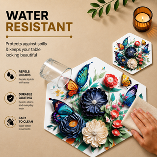 Botanic Dance hexagonal paper placemat, navy 3D florals and butterflies, water resistant surface with liquid beading as a hand wipes it clean, matching coaster alongside