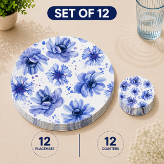 Floral Dreamscape round paper placemats and coasters set of 12, blue and violet watercolor cornflowers, twelve placemats stacked beside twelve matching coasters