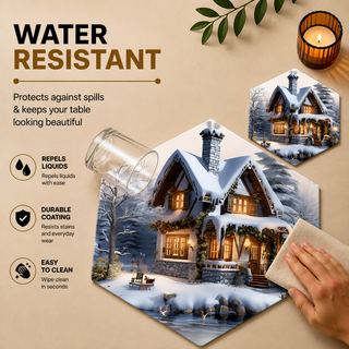 Winter Haven hexagonal paper placemat, snowy winter village landscape, water resistant surface with liquid beading as a hand wipes it clean, matching coaster alongside