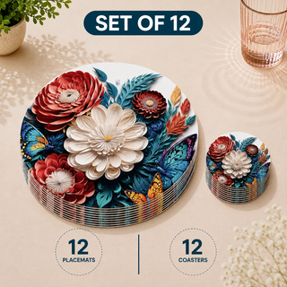 Enchanted Garden round paper placemats and coasters set of 12, sculpted red and white florals with teal foliage, twelve placemats stacked beside twelve matching coasters