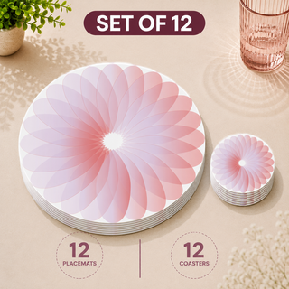 Petal Harmony round paper placemats and coasters set of 12, blush ombre radiating petals, twelve placemats stacked beside twelve matching coasters