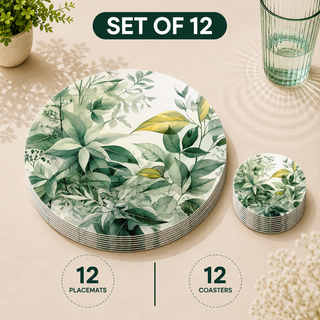 Tranquil Foliage round paper placemats and coasters set of 12, soft teal and green botanical swirl, twelve placemats stacked beside twelve matching coasters